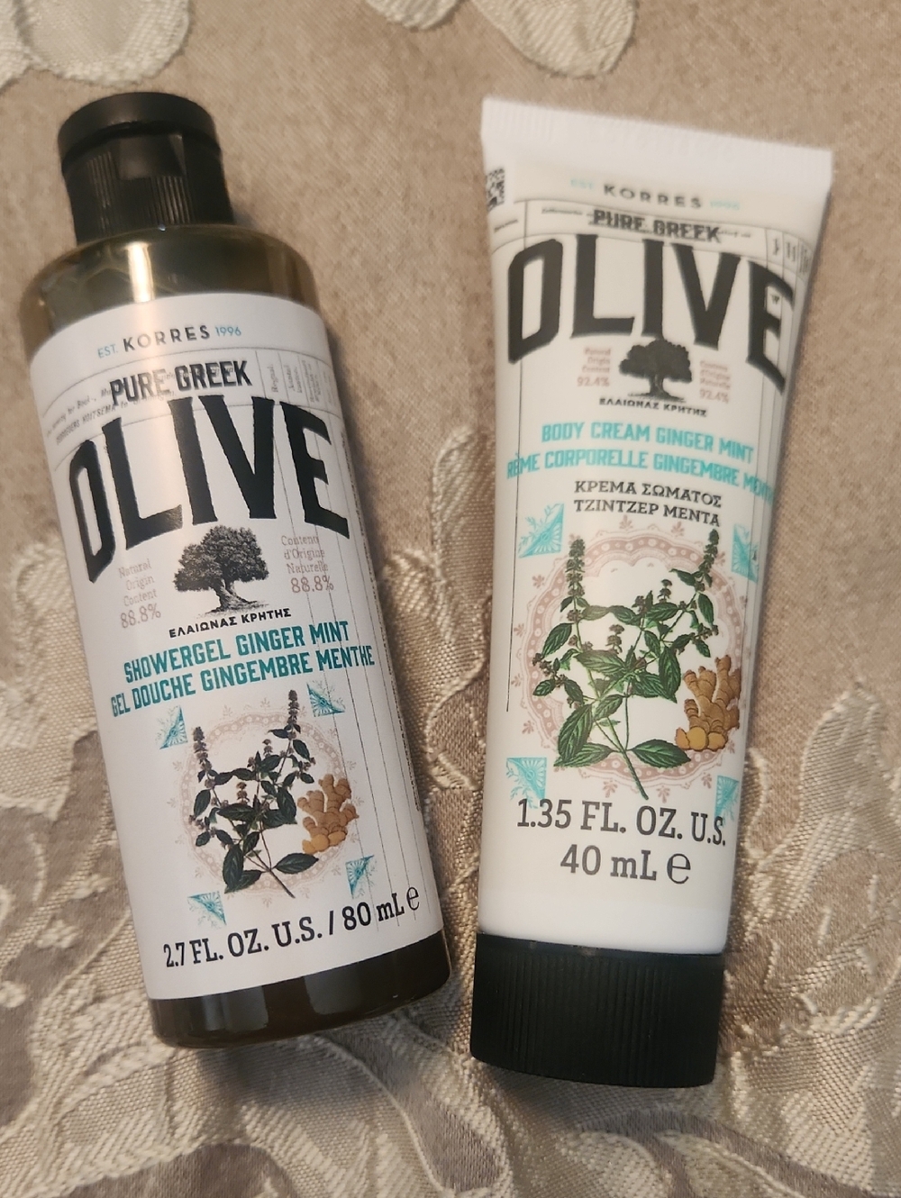 nwt Korres Olive Ginger Mint Shower Gel & Body Cream Duo
